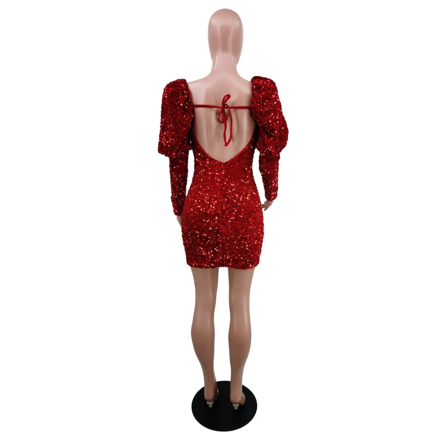 Sequin Backless Padded Shoulder Bubble Sleeve Party Dresses For Women