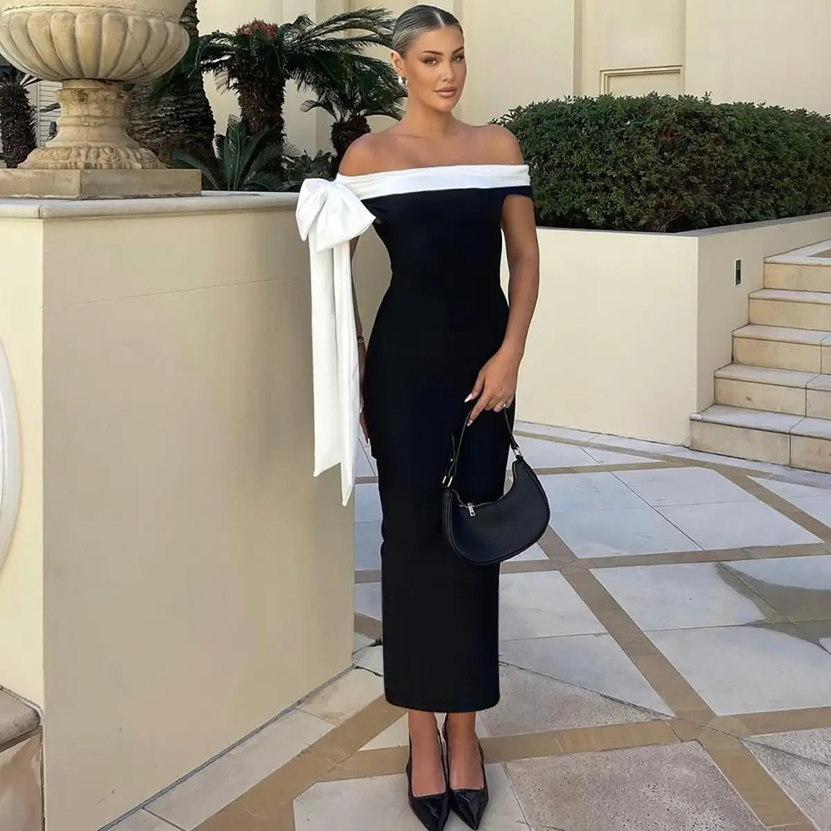 Women’s Fashion Off-shoulder Ribbon Slim Fit Dress