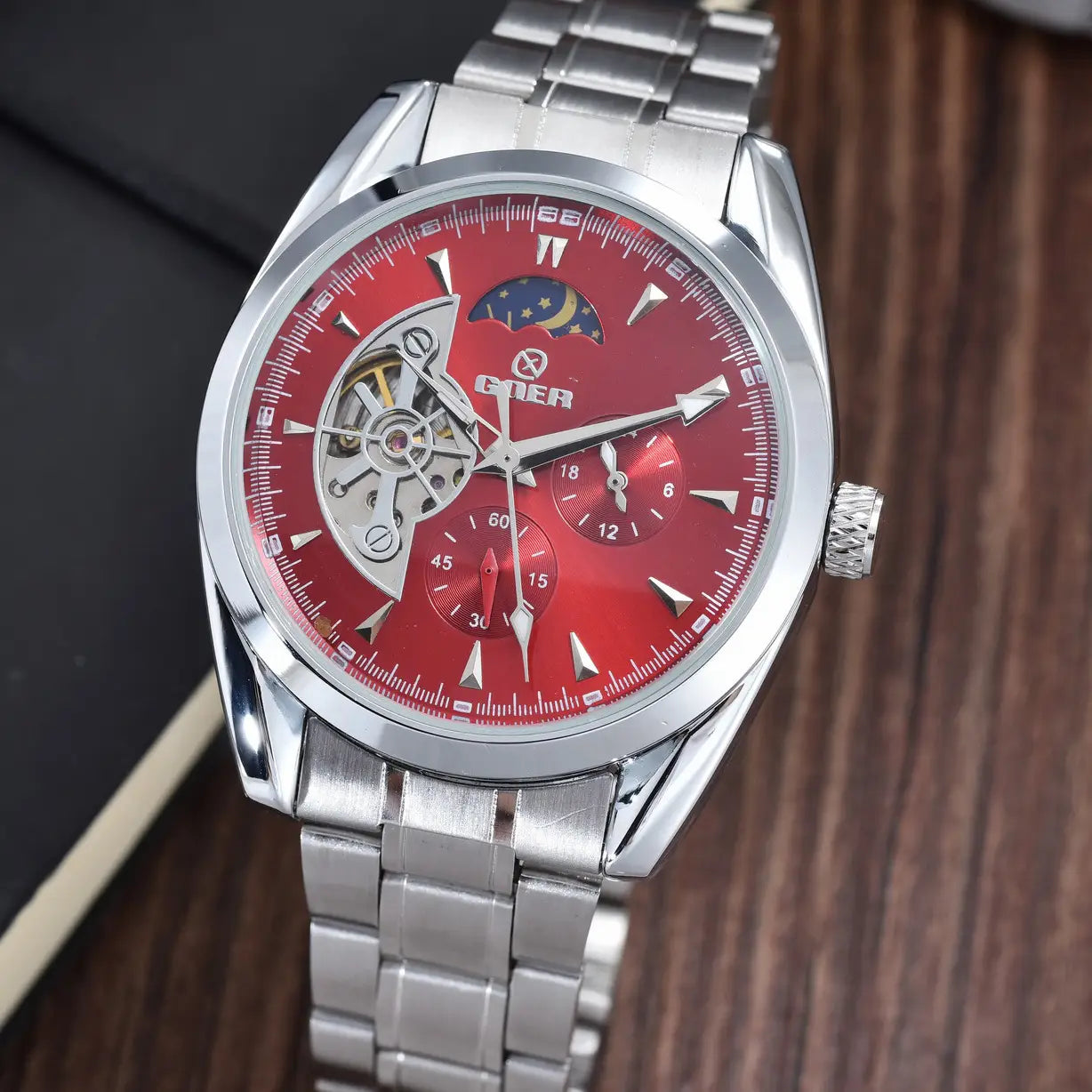 Relogio Masculino Men Tourbillon Watches Stainless Steel Band Automatic Mechanical Wristwatches Moon Phase Small