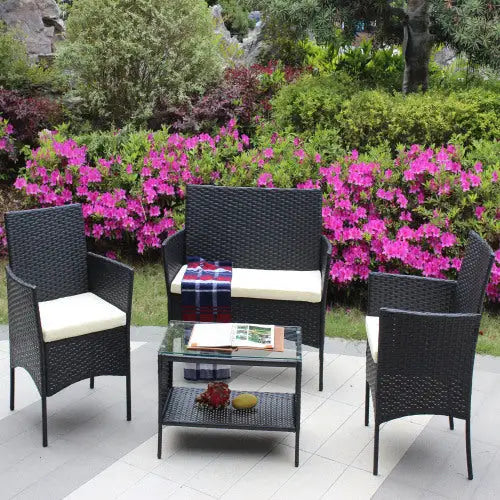 4 PC Rattan Patio Furniture Set Outdoor Patio Cushioned Seat Wicker Sofa Beige Cushion - Black - 5