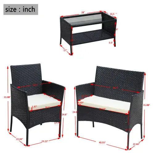 4 PC Rattan Patio Furniture Set Outdoor Patio Cushioned Seat Wicker Sofa Beige Cushion - Black - 5