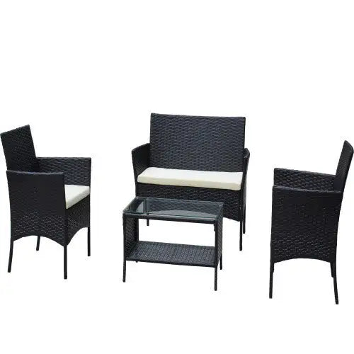 4 PC Rattan Patio Furniture Set Outdoor Patio Cushioned Seat Wicker Sofa Beige Cushion - Black - 5