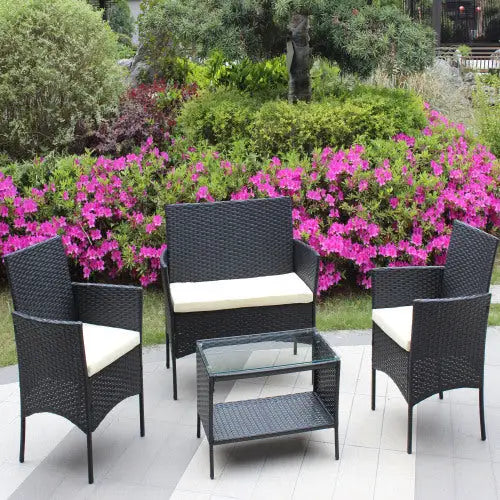 4 PC Rattan Patio Furniture Set Outdoor Patio Cushioned Seat Wicker Sofa Beige Cushion - Black - 5