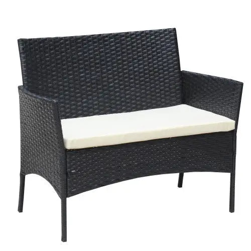 4 PC Rattan Patio Furniture Set Outdoor Patio Cushioned Seat Wicker Sofa Beige Cushion - Black - 5