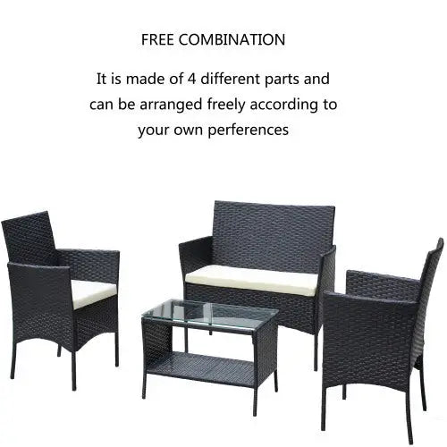 4 PC Rattan Patio Furniture Set Outdoor Patio Cushioned Seat Wicker Sofa Beige Cushion - Black - 5