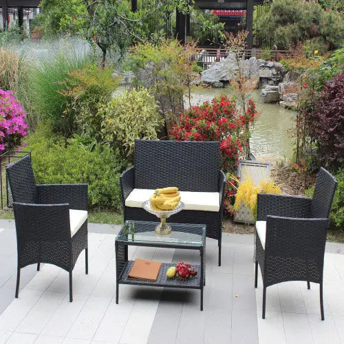 4 PC Rattan Patio Furniture Set Outdoor Patio Cushioned Seat Wicker Sofa Beige Cushion - Black - 5