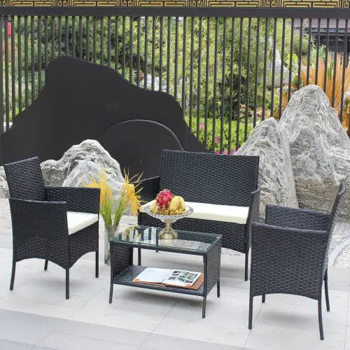 4 PC Rattan Patio Furniture Set Outdoor Patio Cushioned Seat Wicker Sofa Beige Cushion - Black - 5