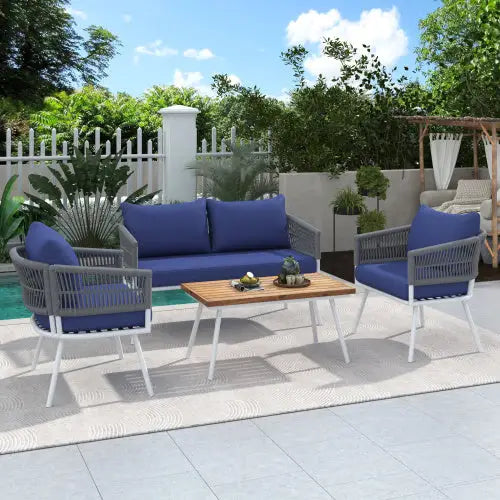 4-piece Bohemian Rope Terrace Furniture Set - Navy Blue - 5