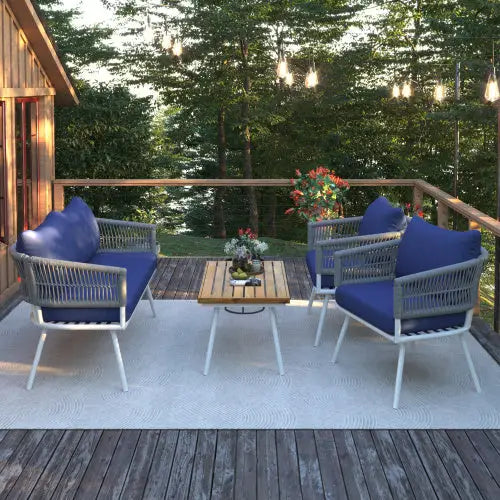 4-piece Bohemian Rope Terrace Furniture Set - Navy Blue - 5