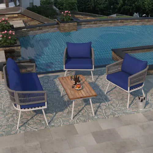 4-piece Bohemian Rope Terrace Furniture Set - Navy Blue - 5