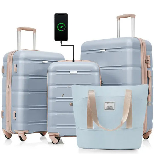 4-piece Luggage Set 20 Inches With USB Port Expandable ABS Durable Suitcase With Travel Bag Cup Holder ABS Hard Shell