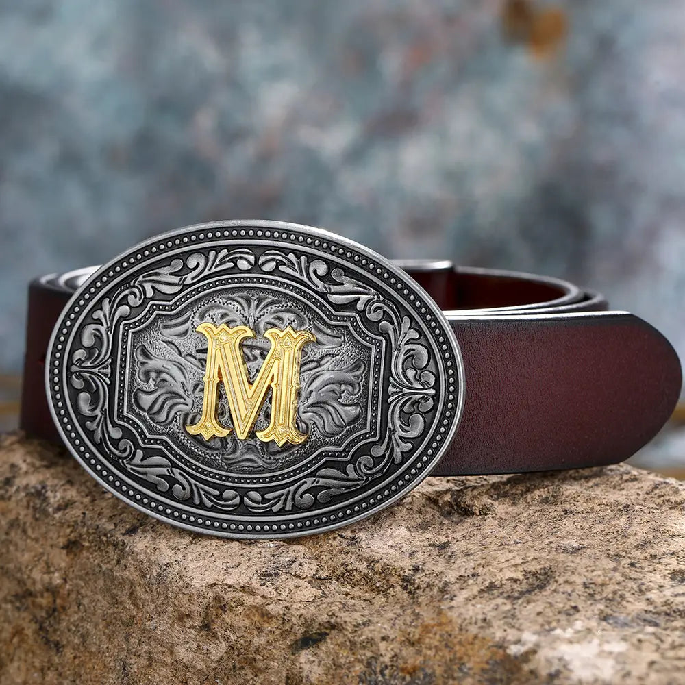 Leather belt featuring an ornate M buckle from Men’s And Women’s Floral Letter Buckle Belts.