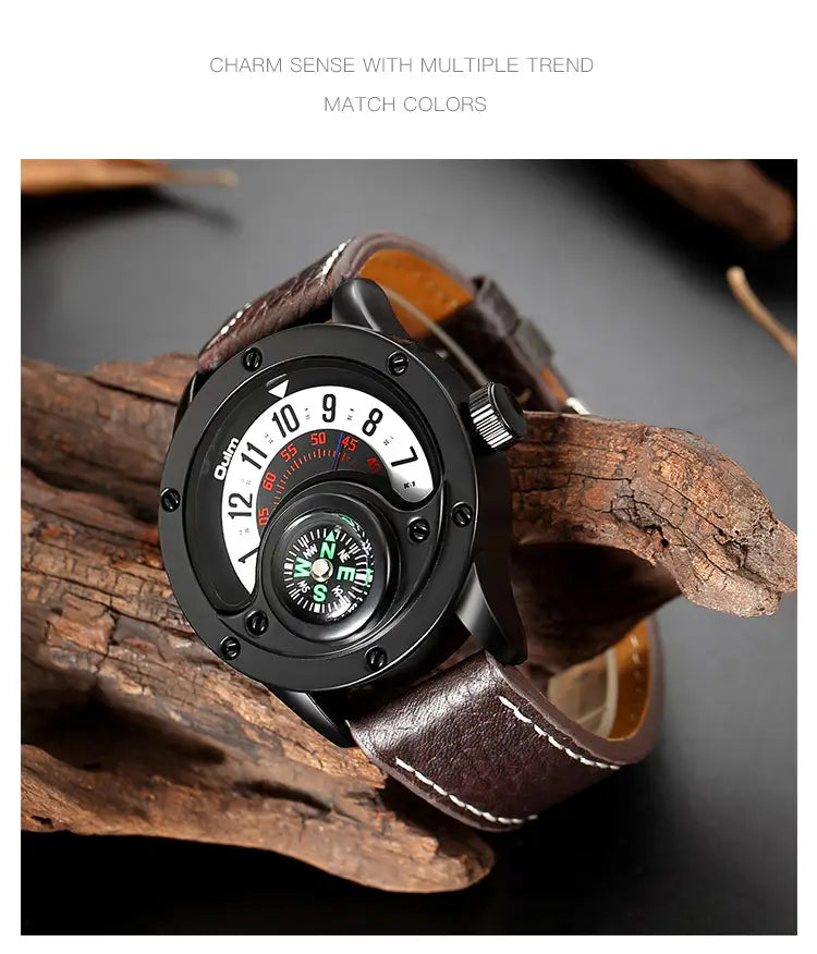 New Sport Watches Men Decorative Compass Unique Design Male Quartz Clock Men’s Leather Strap Casual Wrist Watch