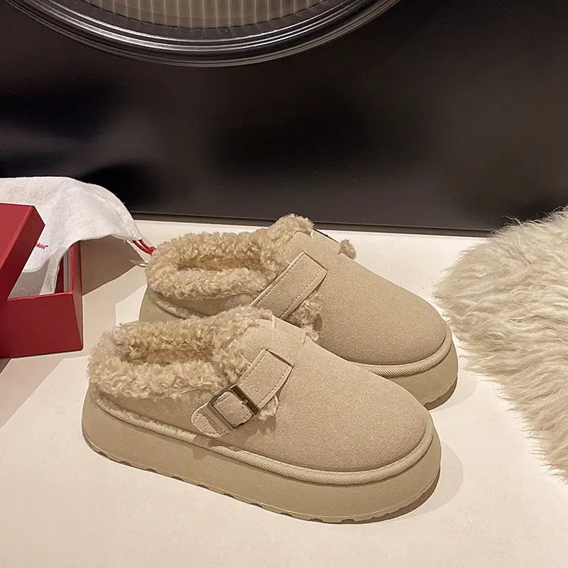 New Luxury Winter Women’s Shoes Plush Fashion Retro Bean Shoes Cotton Women’s Flat Sole Slippers Platform Women Boots