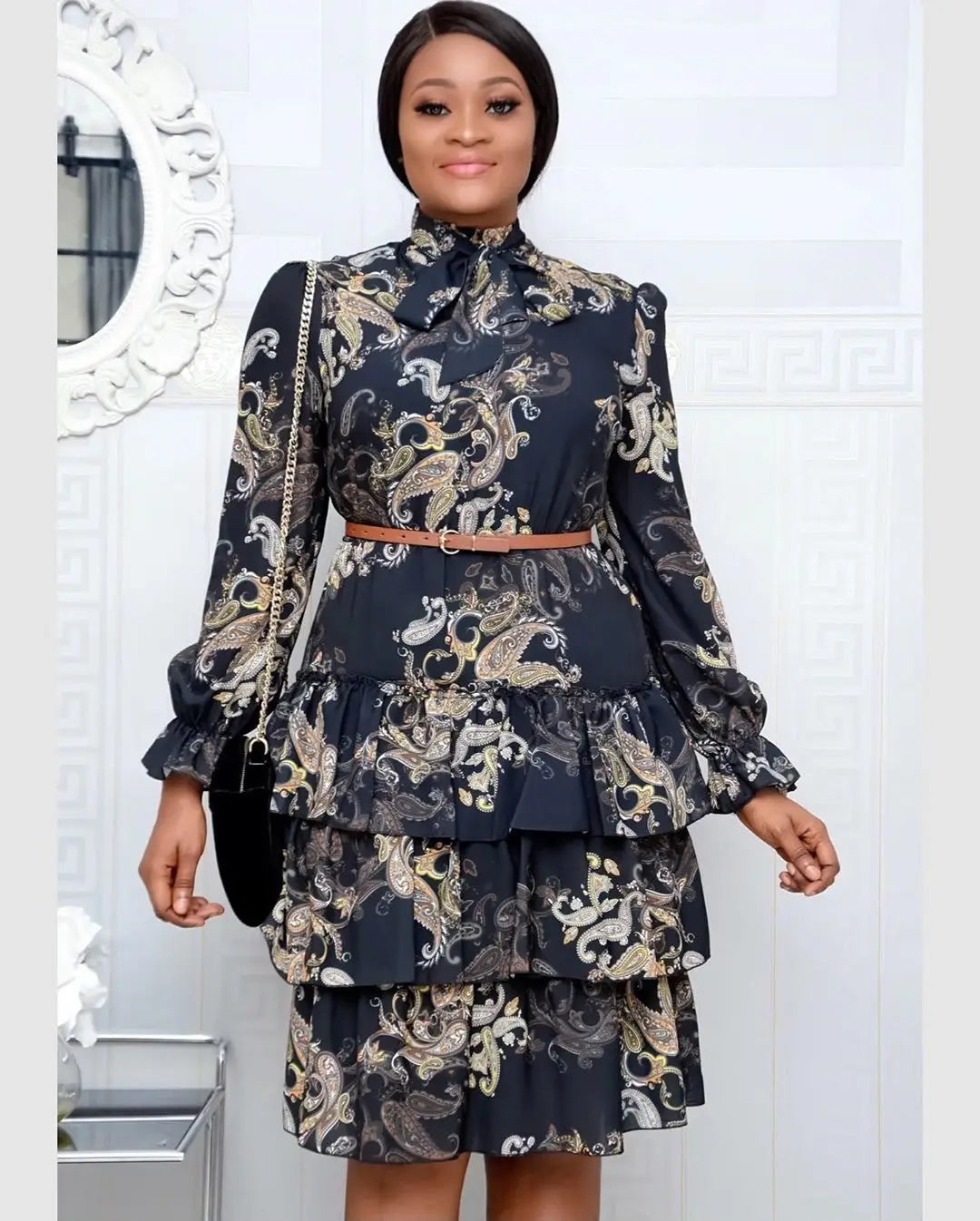 Plus Size Women’s Autumn Print Lace-up Dress