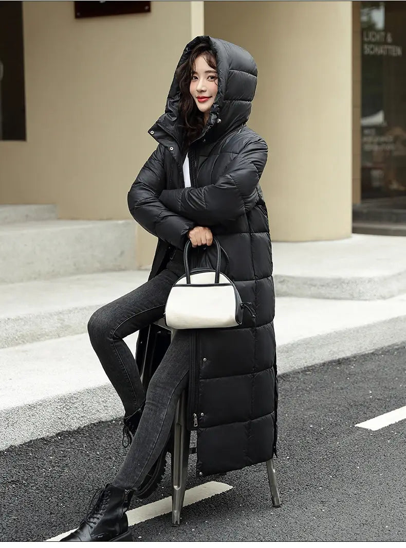 Women’s Super Long Down Jacket Winter Puffer Thick Coat Black Red Hooded Zipper Keep Warm Fall Winter Casual Clothes