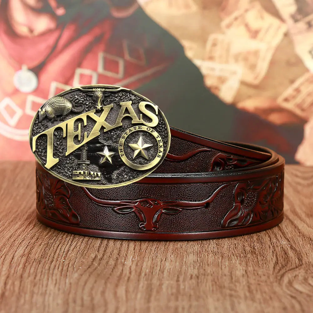 Brown leather belt featuring a Texas-themed cow head buckle for stylish unisex fashion.