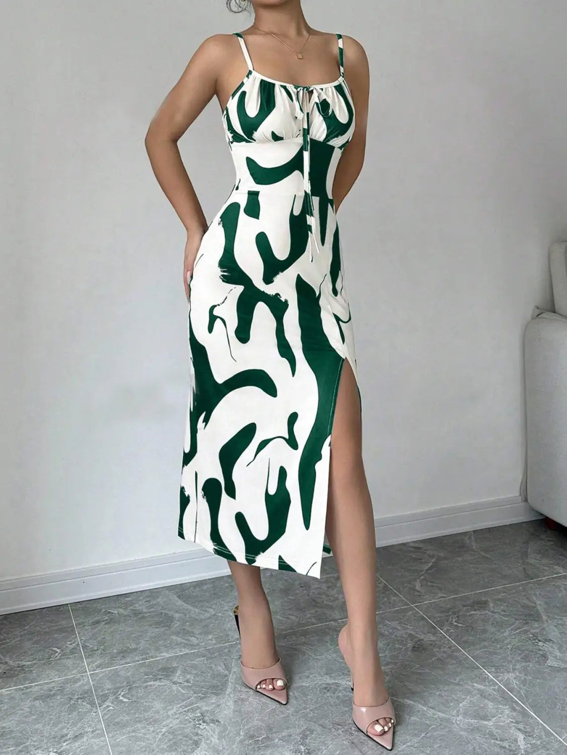 Summer Printed Suspender Split Dress Fashion Slim Lace-up Long Dresses For Women Clothing