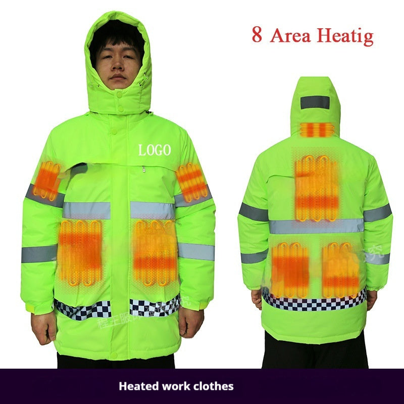 Reflective Stripe Duty Labor Protection Cotton-padded Jacket Men's USB Charging Heating Cold Protective Clothing Electric Heating Work Clothes Autumn And Winter Stain-resistant Cotton-padded Coat