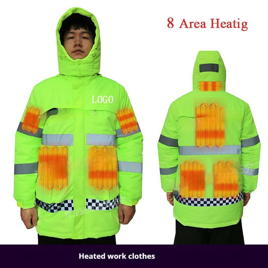 Reflective Stripe Duty Labor Protection Cotton-padded Jacket Men's USB Charging Heating Cold Protective Clothing Electric Heating Work Clothes Autumn And Winter Stain-resistant Cotton-padded Coat