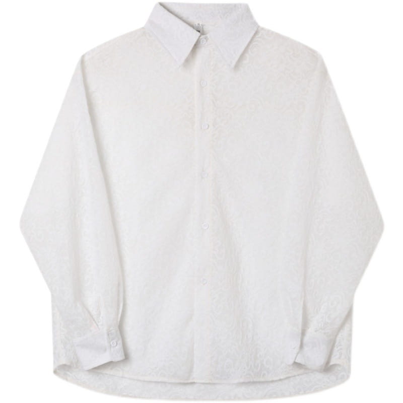 Men Transparent Embroidered Flowers Long-sleeved Shirt Sunscreen Tide