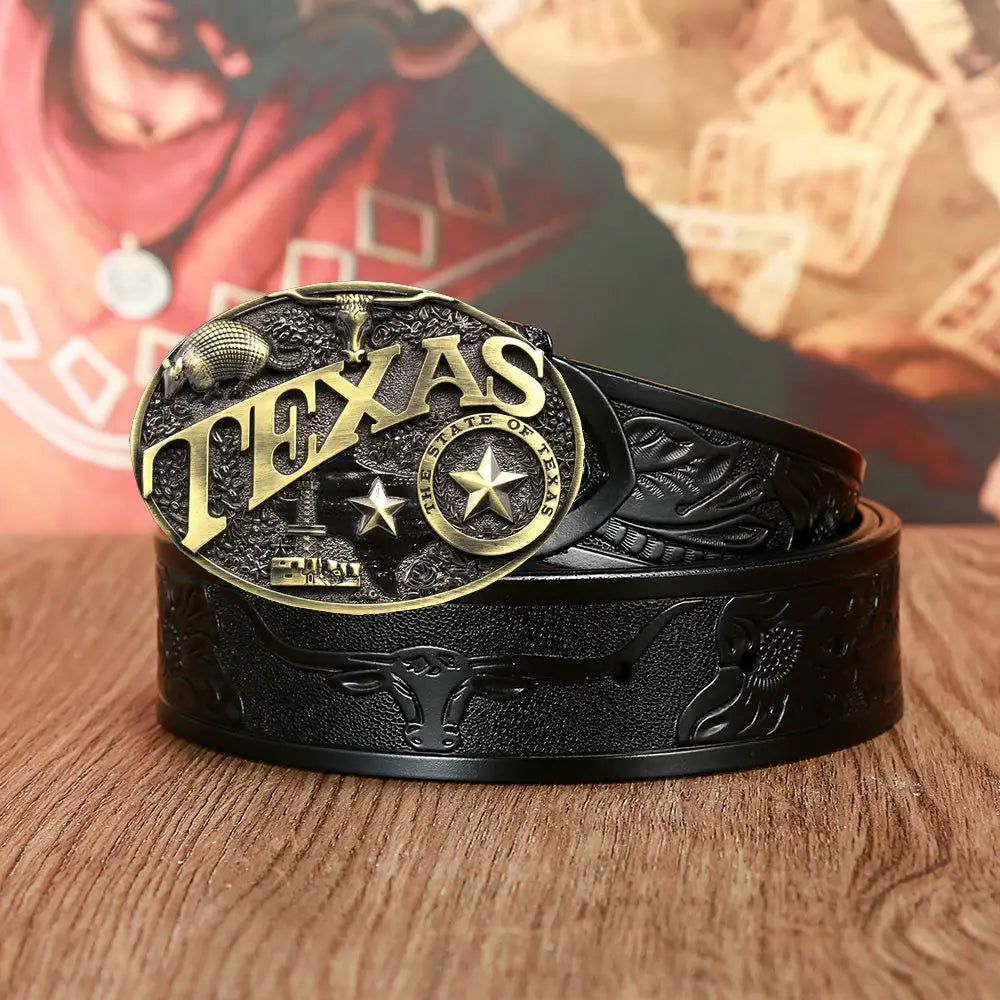 Black leather Texas belt from Men’s And Women’s Fashion Texas Cow Head Belts collection.