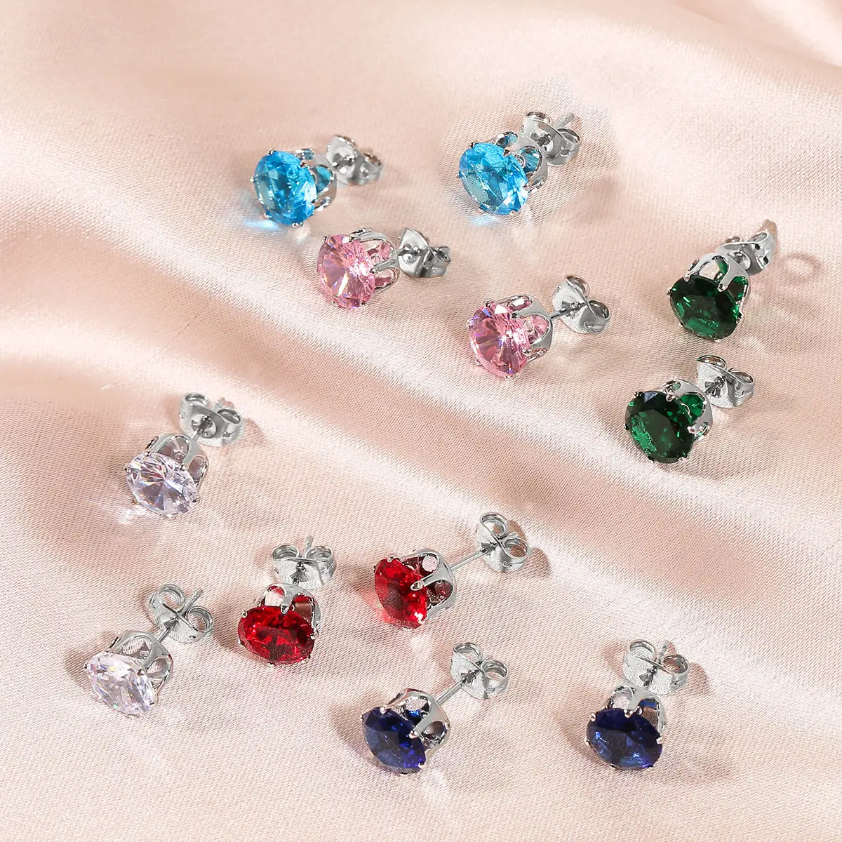 Colorful gemstone stud earrings from Women’s Fashion Simple Stainless Steel Zircon Earring Set