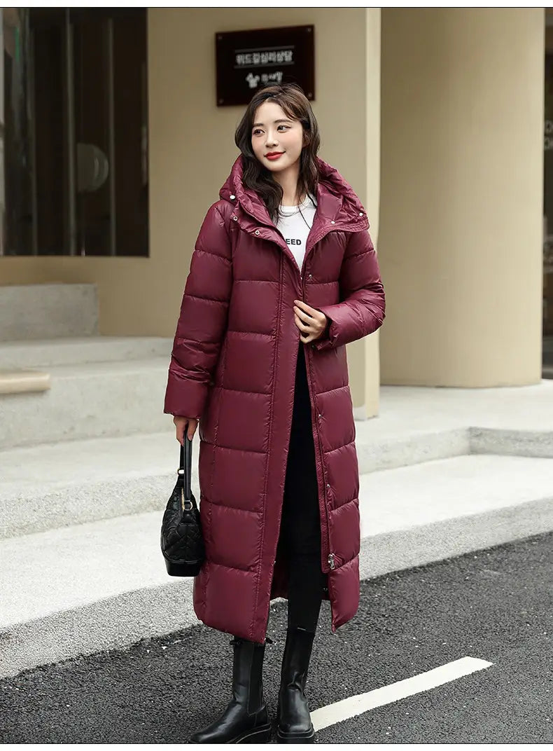 Women’s Super Long Down Jacket Winter Puffer Thick Coat Black Red Hooded Zipper Keep Warm Fall Winter Casual Clothes