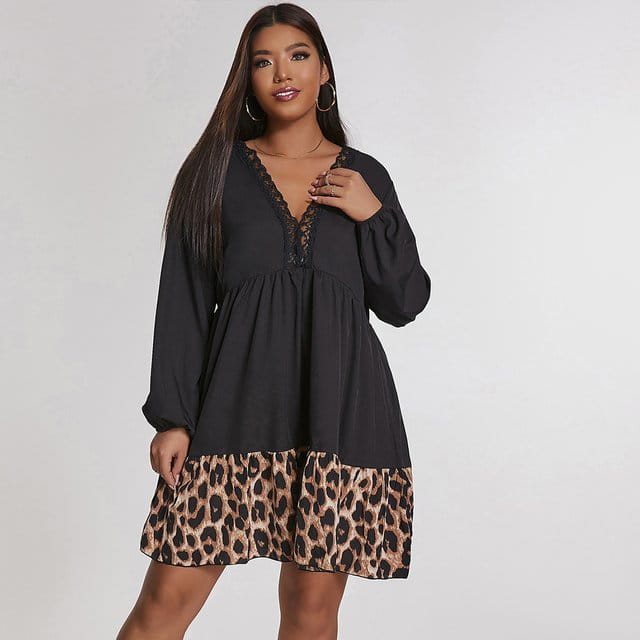 Women Plus Leopard Print Tunic Midi Shirt Dress