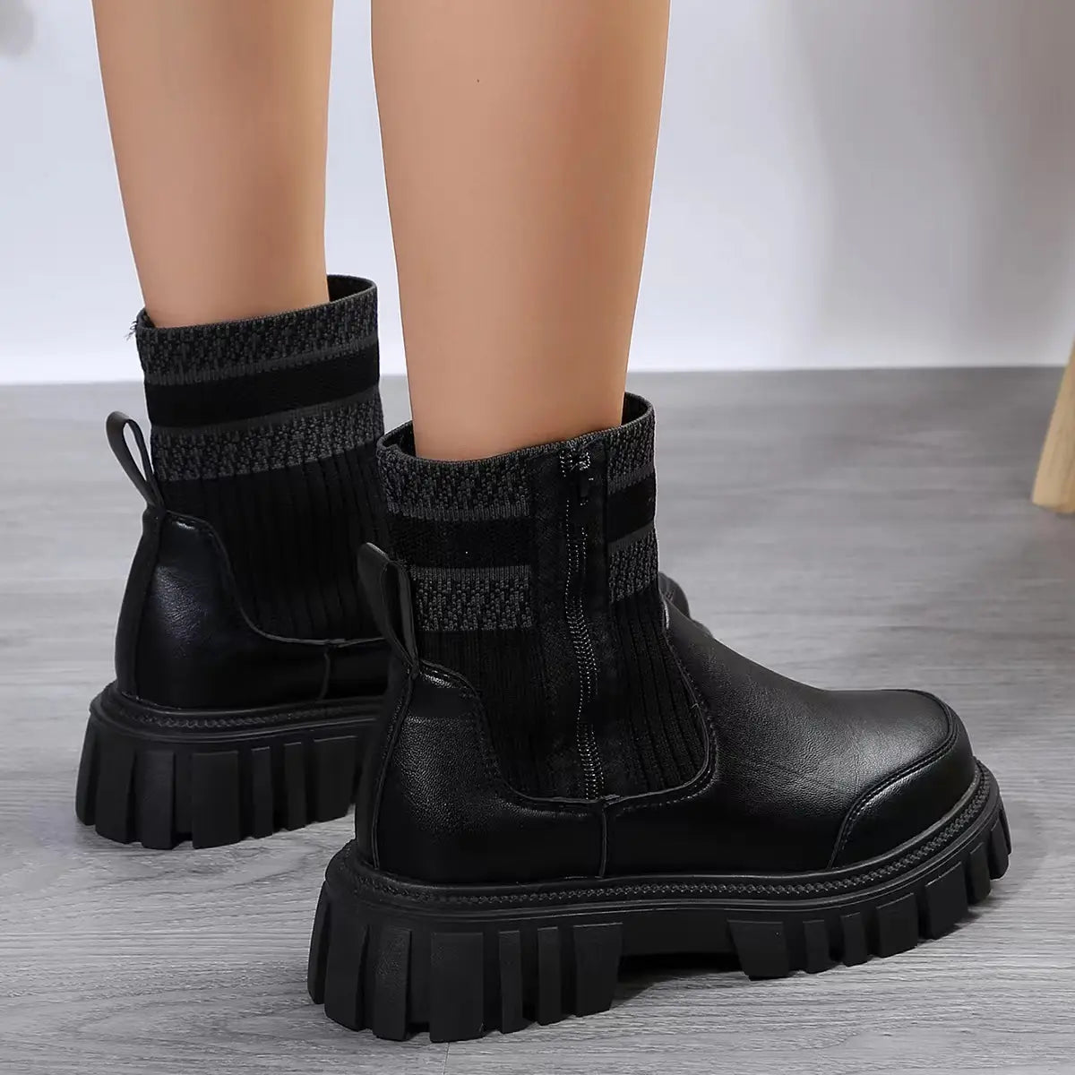 Fashion Mid-tube Boots With Zipper Design Non-slip Thick Sole Elastic Knitted Patchwork Boots For Women Round Toe Shoes