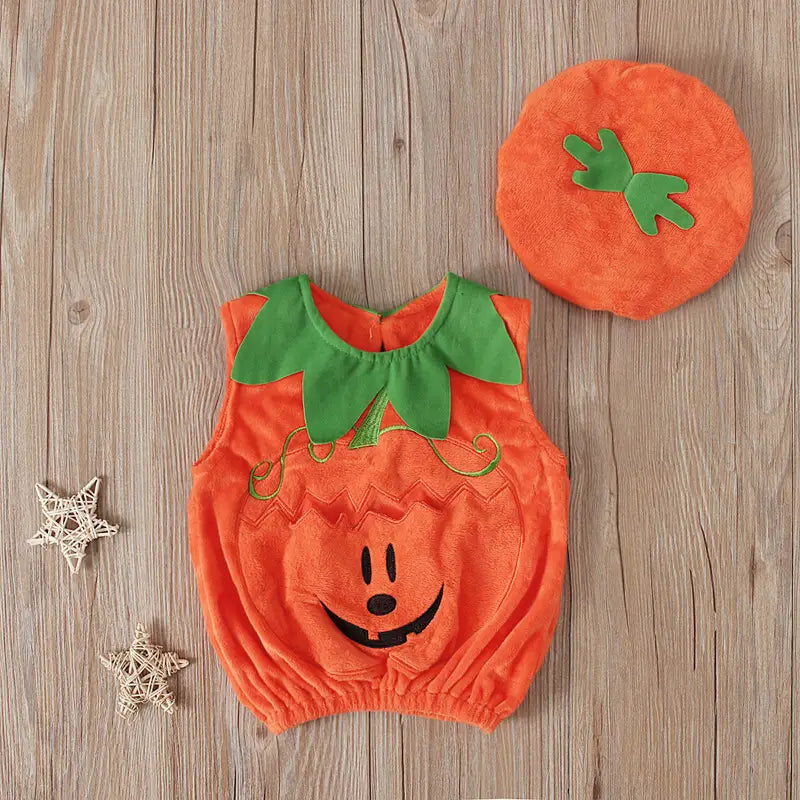 Boys And Girls Sleeveless Pumpkin Shaped Pocket Jacket Hat Two-piece Children’s Wear