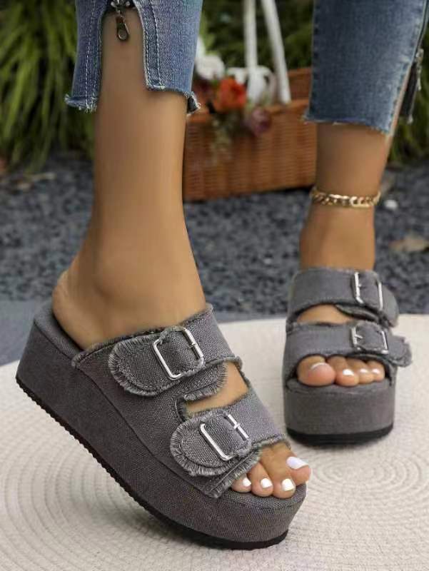 Fashion Denim Buckle Wedges Sandals Summer Outdoor High Heel Slippers Thick Bottom Camouflage Shoes For Women