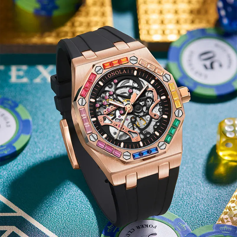 Men’s Silicone Band Rainbow Diamond Automatic Mechanical Watch