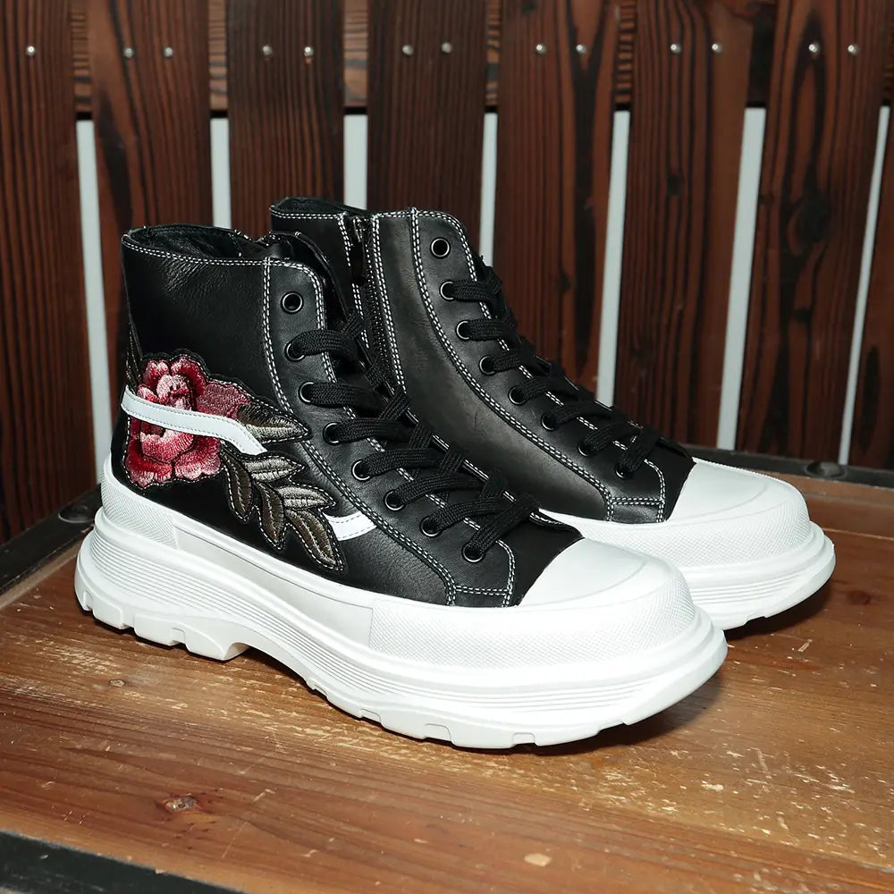 Personalized Embroidered High-top Shoes Men’s Leather Zipper Lace High-top Sneakers