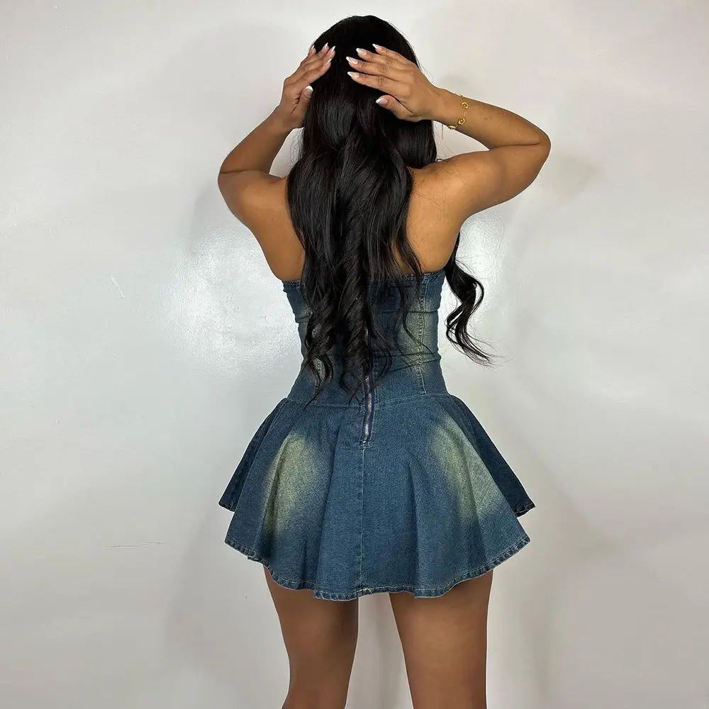 Women’s Zipper Lace-up Chest Wrap Short Denim Dress