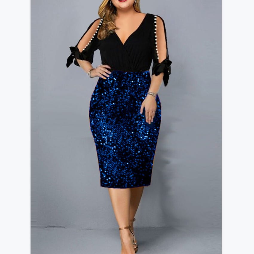 V-neck Personality Sequins Plus Size Women’s Dress