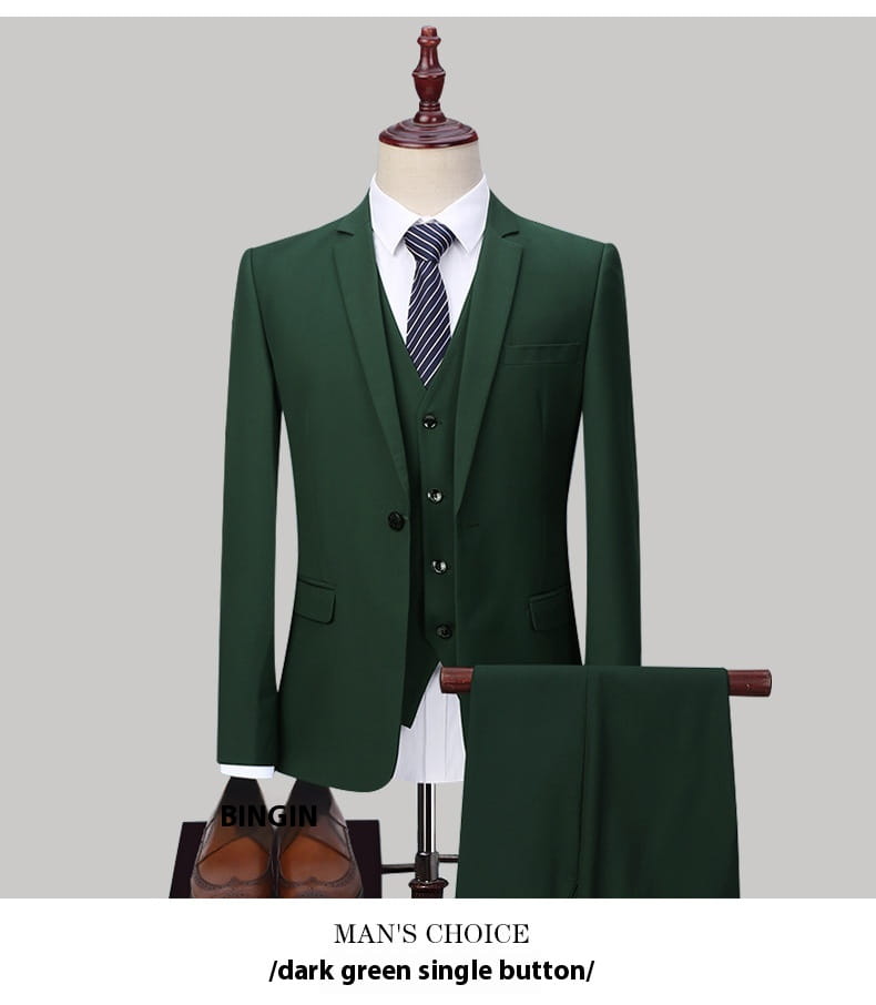 Dark Green Suit Suit Men’s Three-piece Suit Korean Slim Suit Business