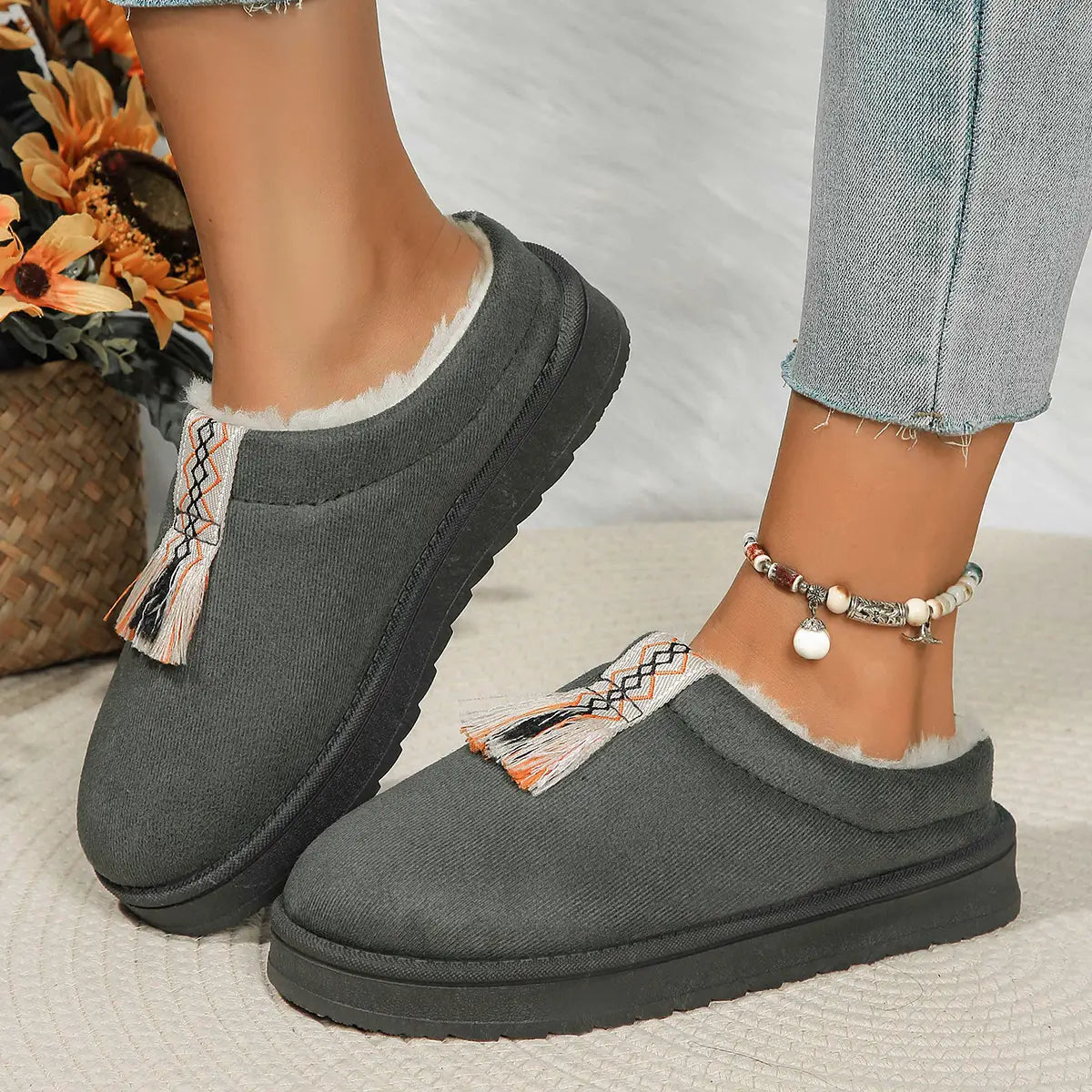 Winter Plush Home Slippers Fashion Round Toe Flat Suede Garden Shoes Indoor Warm Floor Bedroom Slipper For Women