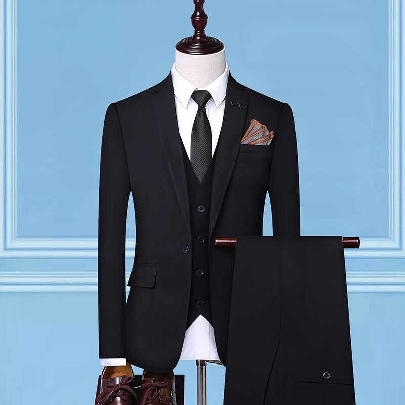 Mens Groom Wedding Suit Solid-Color Three-Piece Suit