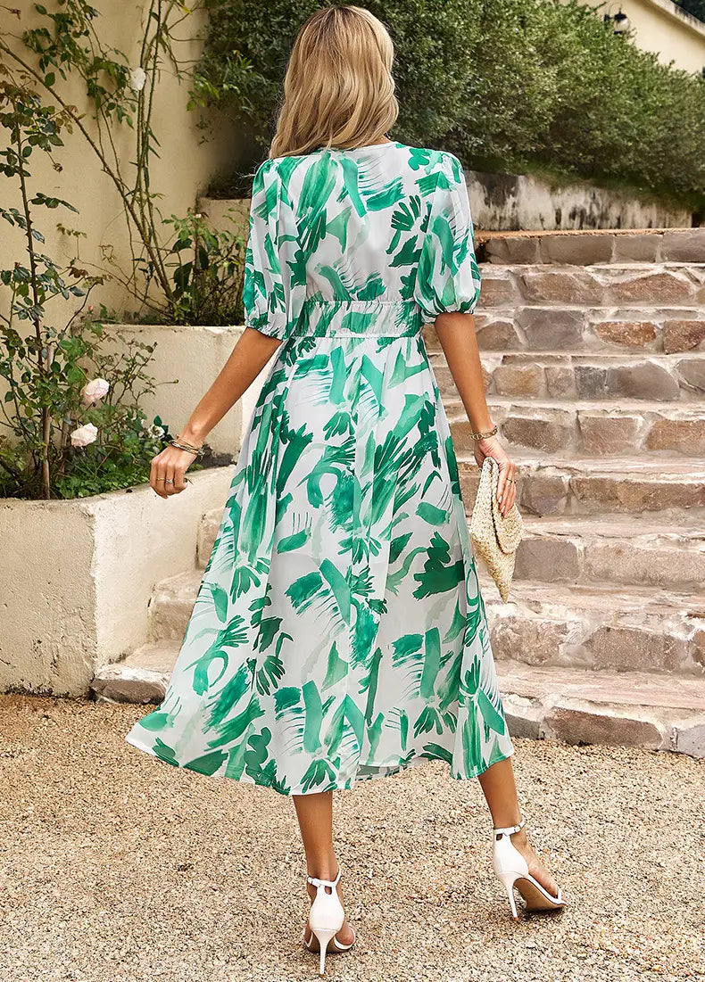 New V-neck Printed Short-sleeved Long Dress Summer Fashion Slim Seaside Vacation Beach Dresses For Women Clothing