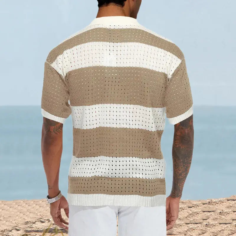 Men’s Cardigan Polo Collar Short Sleeve Color Matching Thin