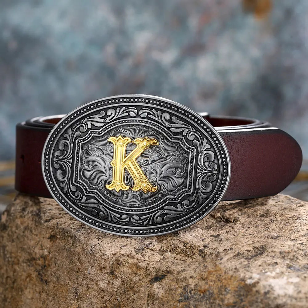 Oval belt buckle featuring a gold letter K in Men’s and Women’s Floral Letter Buckle Belts