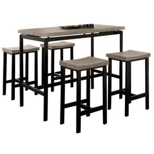5 Pc Counter Height Table Set Two Tone Design Black Gray Dining Chairs Sturdy Metal Construction PVC Plastic Top Dining