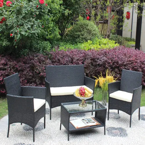 Rattan Patio Furniture 4 Piece Set Outdoor Patio Cushioned Seat