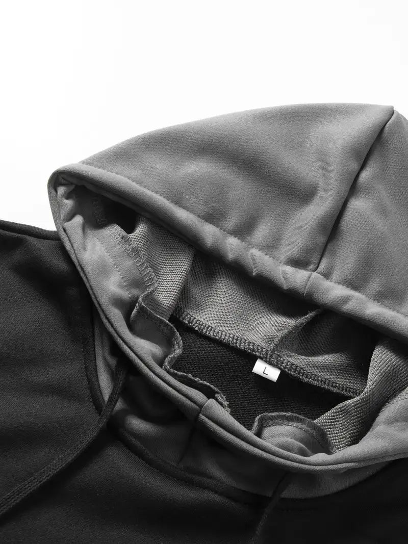 Men’s Contrast Color Hooded Pullover Drawstring Pocket Long Sleeve Sweater