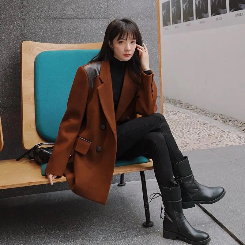 Women’s Leather Loose Fit Woolen Coat
