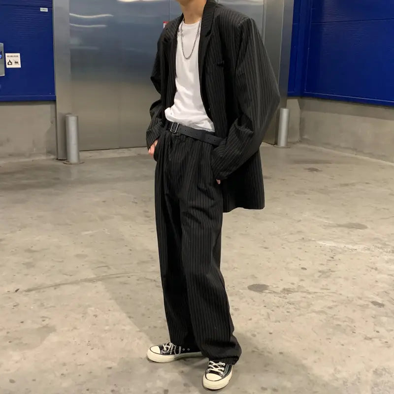 Korean Trend Loose Fitting Striped Suit Set Versatile For Men In Spring And Summer