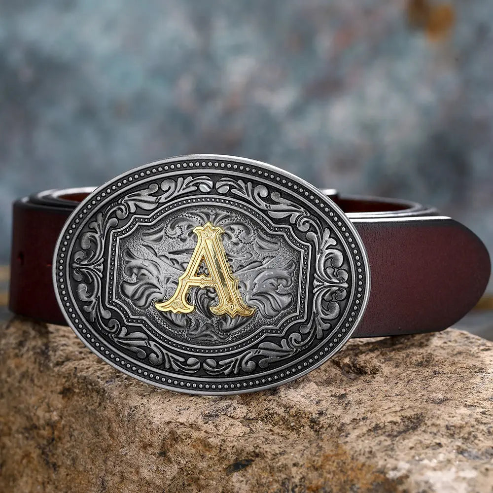 Ornate silver belt buckle featuring a gold letter A for Floral Letter Buckle Belts.