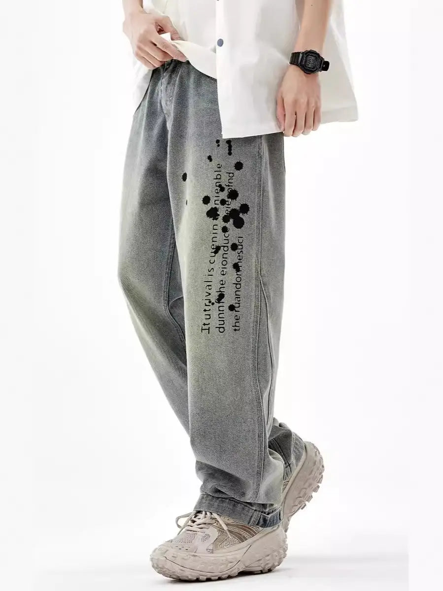 Men’s Washed Old Loose Wide-leg Straight Pants