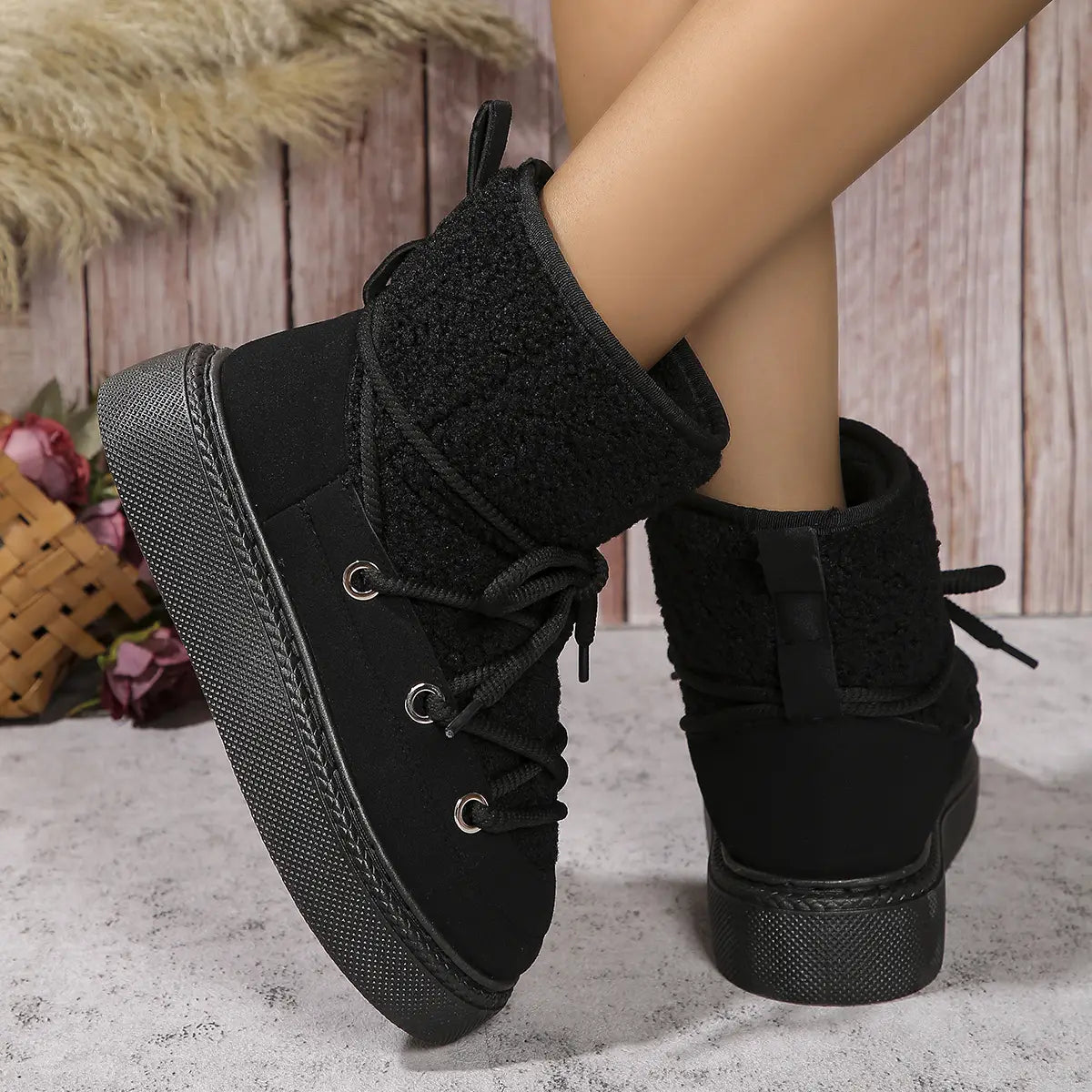 Fashion Lace-up Snow Boots Winter Flat Thick-soled Height-enhancing Cotton Shoes For Women Casual Warm Short Boot